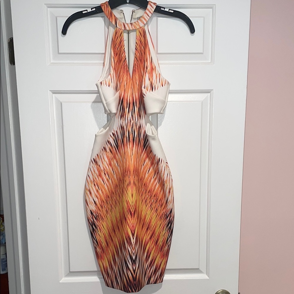 Guess White and Orange Bodycon Halter Dress